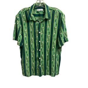 Zara Mens Green Stripe Golf Button Down Shirt Size Large Green Viscose